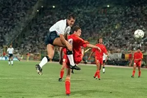 Images Dated 26th June 1990: World Cup 1990 Last 16 England 1 Belgiun 0 after extra time Steve Bull (white