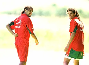 World Cup France 1998 Football Morocco players Hadji during training with a team mate World Cup France 1998 Football Morocco players Hadji during training with a team mate
