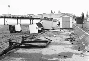 Wrecked beach huts on Paignton beach in March 1973 Wrecked beach huts on Paignton beach in March 1973