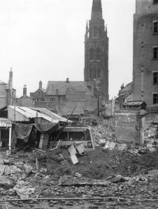 A wrecked van lies in the rubble of ruined buildings in Coventry after the city was A wrecked van lies in the rubble of ruined buildings in Coventry after the city was