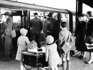 WW2 British soldier says goodbye to his family at English station September 1939 WW2 British soldier says goodbye to his family at English station September 1939