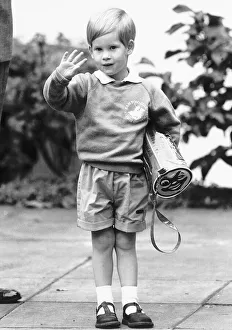 Three year old Prince Harry waves to the waiting croud on his first day at the nursery Three year old Prince Harry waves to the waiting croud on his first day at the nursery