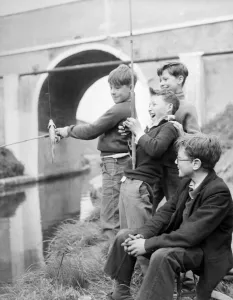 Four young anglers fish at the canal for perch. They are Peter Bethell Four young anglers fish at the canal for perch. They are Peter Bethell