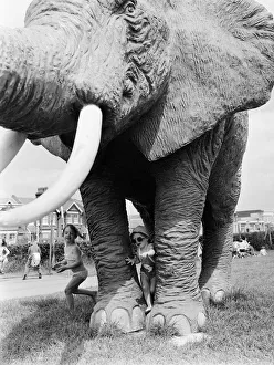 Young children playing between the legs of a model elephant statue at an adventure Young children playing between the legs of a model elephant statue at an adventure