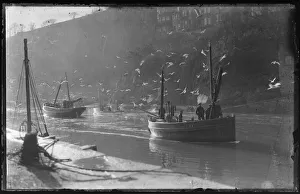 Luggers in Looe harbour mouth approaching Sardine Factory Luggers in Looe harbour mouth approaching Sardine Factory