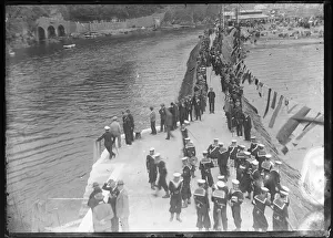 Naval band & crowds on Banjo Pier waiting for Prince George to arrive, East Looe Naval band & crowds on Banjo Pier waiting for Prince George to arrive, East Looe