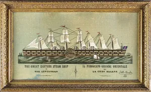 Prints of A framed textile, probably silk, with embroidery showing the SS Great Eastern. Held in an elaborate gilt Victorian frame Paintings And Art Work Prints: Print of the SS Great Eastern, a side-profile textile embroidery in silk with gilt frame
