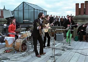 The Beatles rooftop concert. John Lennon, Paul McCartney, George Harrison and Ringo Starr