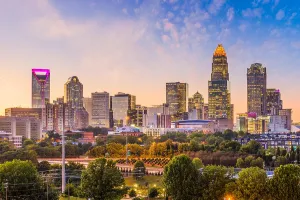 Prints of Charlotte, North Carolina, USA uptown skyline at dusk Landscapes Prints: Charlotte Uptown Skyline Print at Dusk