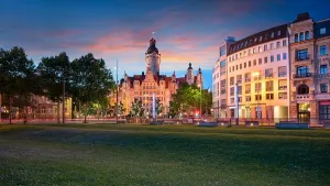Leipzig Cityscape Print with New Town Hall at Sunset