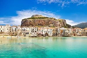 Images Dated 10th May 2013: Medieval houses and La Rocca Hill, Cefalu, Sicily, Italy