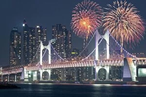 Busan Collection: New Year Fireworks show at Gwangan Bridge with Busan city in background at Busan, South Korea