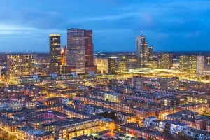 The Hague city centre skyline print at twilight over the sea