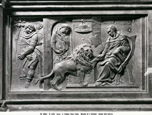 Bas-relief representing the miracle of St. Jerome with the lion. The work, sculpted by Jacopo della Quercia, is part of the altar inside the Cappella Trenta. Church of S. Frediano, Lucca