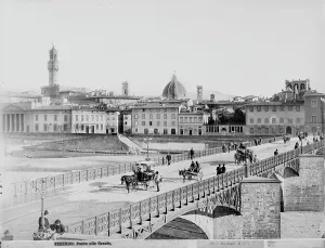 Prints of View with people of the Bridge of Graces. The dome of Santa Maria del Fiore and Palazzo Vecchio are visible in the background Florence Prints: View with people of the Bridge of Graces