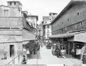 Prints of View with people of Via Por Santa Maria in Florence, from the Old Bridge Florence Old Bridge. Date of Photograph:1890 ca Florence Prints: View with people of Via Por Santa Maria in Florence, from the Old Bridge