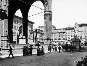 View of the piazza della Signoria, with the loggia dei Lanzi, from the loggiato of the Uffizi Gallery, in Florence