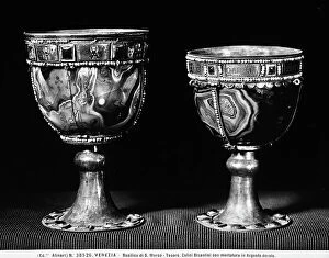 Images Dated 4th January 2013: Two goblets with gilded silver, enamel and precious stone settings, in the Treasury of St