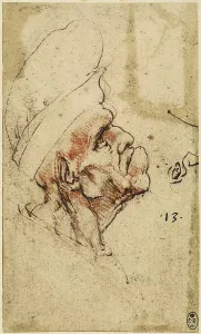 Grotesque profile of a man with hat, pen drawing on white paper turned yellow by Leonardo da Vinci and preserved at the Royal Library of Windsor