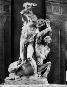 Hercules killing the centaur Nessus, marble statue by Vincenzo de Rossi, Florence, Palazzo Vecchio, Salone del Cinquecento
