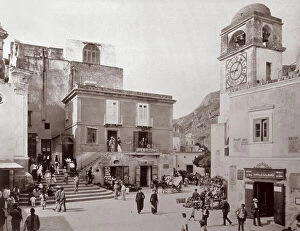 Images Dated 14th February 2008: The piazza in Capri with Palazzo del Telegrafo and a few shops; on the left, the Clock Tower