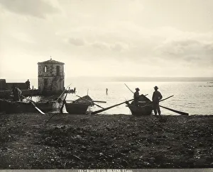 Village Prints: View of Lake Bolsena. Fishermen next to their boats can be seen on the shore