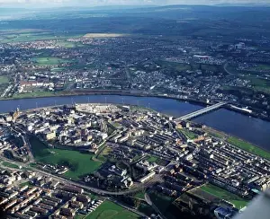 Prints of Aerial View of Derry City including the Foyle Bridge, Co Derry, Ireland Derry Prints: Aerial View Print of Derry City and Foyle Bridge