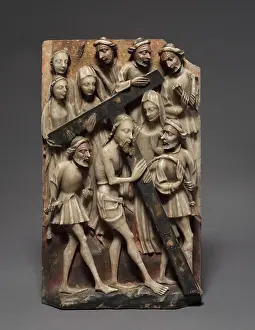 Prints of Christ Carrying the Cross (Panel from an Altarpiece), 1400s. England, Nottingham, 15th century. Painted and gilded alabaster; overall: 47 x 28.3 cm (18 1/2 x 11 1/8 in.) Nottingham Prints: Print of Christ Carrying the Cross in Alabaster