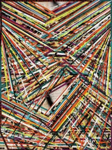 Prints of Multiple lines collide, mingle and intersect in rapid-fire sequences of bursting color in this abstract painting brimming with energy and movement Abstract Art Prints: Abstract Painting Print: Vibrant Colors in Dynamic Movement