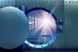 Internet Security Measures Prints: Open vault door revealing computer servers and binary code