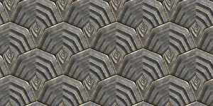 Futuristic Architecture Prints: 3D pattern featuring interlocking shield-like tiles with a layered metallic texture