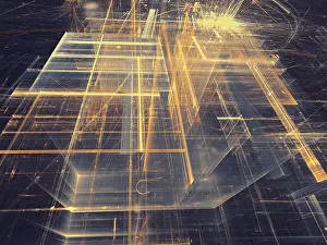 Surrealism Prints: Abstract Dark Tech Background Print - Fractal Glass Walls