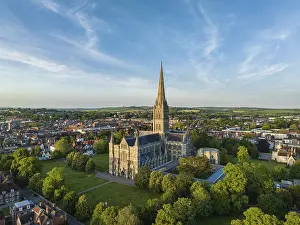 Prints of Aerial view of the city of Salisbury with Salisbury Cathedral, Salisbury Wiltshire, England, United Kingdom Salisbury Prints: Aerial View of Salisbury with Cathedral Print, England, UK