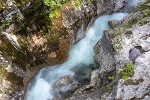 Prints of Aerial view of Soca mountain river with crystal clear turquoise blue water, Soca Valley, Triglav National Park, Slovenia Slovenia Prints: Aerial View Print of Soca River, Slovenia