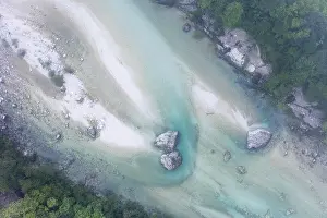 Prints of Aerial view of Soca mountain river with crystal clear turquoise blue water, Soca Valley, Triglav National Park, Slovenia Slovenia Prints: Aerial View of Soca River Print, Slovenia