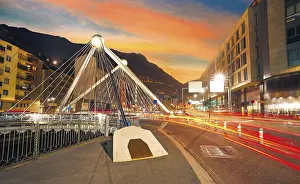 Prints of Andorra la Vella Paris bridge sunset over Valira river in Pyrenees Andorra Prints: Andorra la Vella Paris Bridge Sunset Print over Valira River