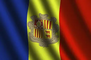 Prints of The Andorran flag flying in the wind Andorra Prints: The Andorran Flag Print - Majestic in the Wind