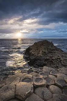 Northern Ireland Landscape Prints: Basalt columns by the coast at sunset