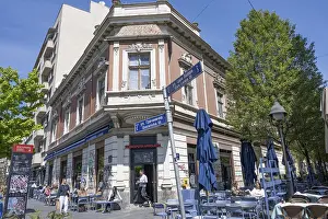 Prints of Belgrade, Serbia. April 23rd 2026. Classic Serbian architecture and a traditional local cafe near Knez Mihailova Street, central downtown Belgrade, Serbia Serbia Prints: Print of Belgrade, Serbia: Knez Mihailova Street Scene