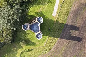 Prints of The Belvedere Tower over Powderham Park from a drone, Powderham Castle, Exeter, Devon, England, United Kingdom Exeter Prints: The Belvedere Tower over Powderham Park Print, Devon, England