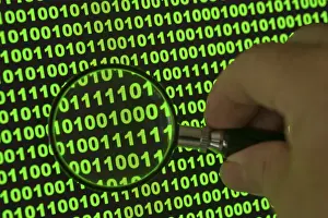 Computer Hacking Prints: Binary code viewed through a magnifying glass