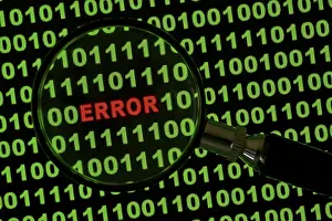 Computer Crime Scene Prints: Binary code with the word 'Error' viewed through a magnifying glass Binary code with the word