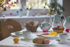 Empty Breakfast Table Scene Prints: Breakfast table with Easter eggs