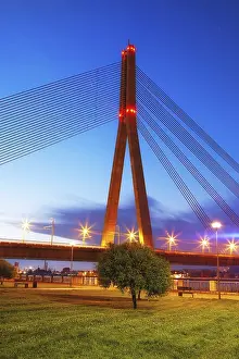 Prints of Bridge in Riga at night, Latvia Latvia Prints: Riga Bridge Nighttime Print, Latvia