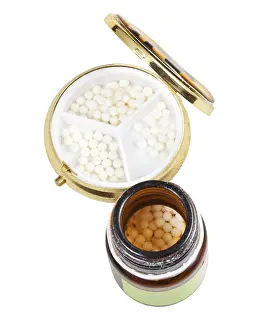 Alternative Medicine Prints: Brown Glass Jar and Homeopathic Sugar Balls Print