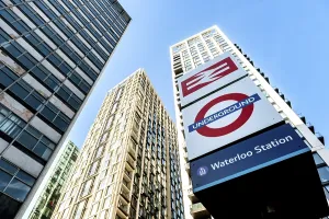 London River Thames Scene Prints: London, United Kingdom. October 10th 2023 Sign for London Waterloo Station
