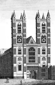 Prints of Westminster Abbey, Westminster Abbey western front, Westminster district, London, England, gothic cathedral, coronation church, people, square double tower, religious building, architecture, history Westminster Prints: Westminster Abbey Western Front Print, 1835