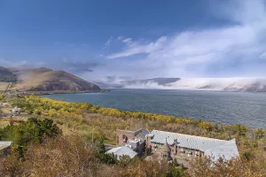 Waterfront Mountain Range Prints: Landscape with Sevan lake from Sevanavank monastery