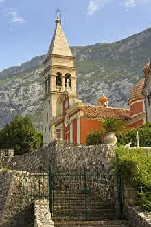 Prints of Church of St. Eustachius summer postcard view, Dobrota, Kotor Montenegro Montenegro Prints: Church of St. Eustachius Summer Print, Dobrota Montenegro