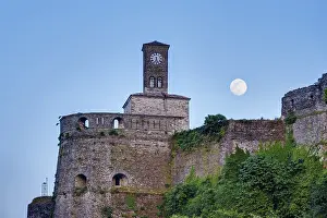 Prints of Clock tower on the castle at full moon, Gjirokastra, Gjirokaster, Albania Clock tower on the castle at full moon, Gjirokastra, Gjirokastr, Albania Albania Prints: Clock Tower Print: Gjirokastra Castle at Full Moon